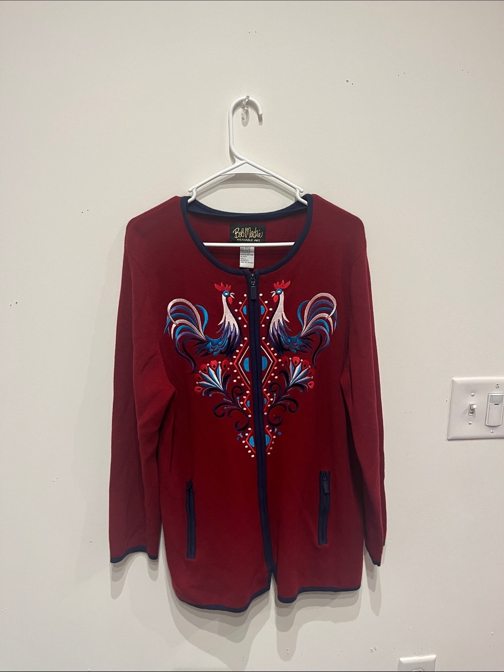 Bob Mackie Burgundy Jacket with Blue Trim and Embroidery